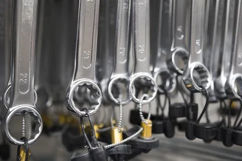 Group of wrench close up view . Socket wrenches soft focus Stock Photos