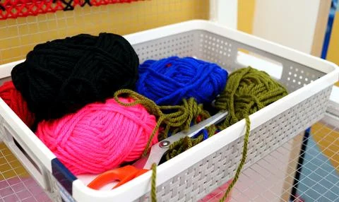 Group of yarn in basket. Stock Photos