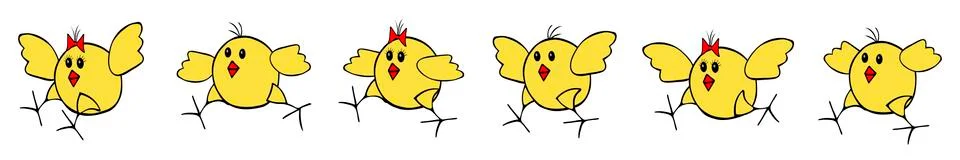 Group of yellow fan Vector Easter pink chickens run after each other on a whi Stock Illustration