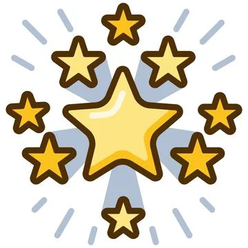 Group of yellow stars with burst effect flat icon and thick outline. Stock Illustration