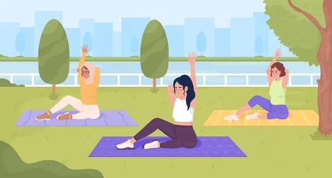 Group yoga classes in park flat color vector illustration Ilustração Stock