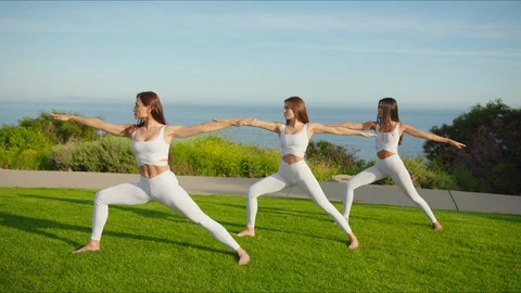 Group yoga session at park with view on an ocean Stock Footage 129998129