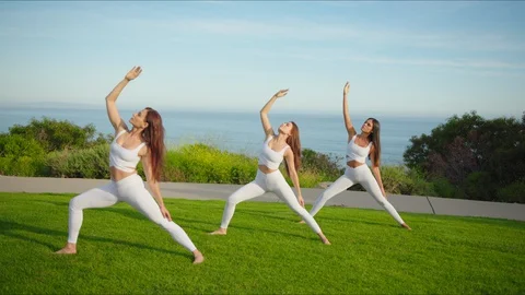 Group yoga session at park with view on an ocean Stock Footage 129998247