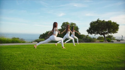 Group yoga session at park with view on an ocean Stock Footage 129998355