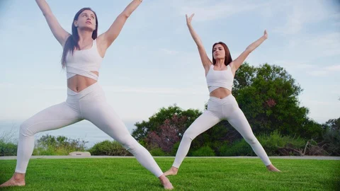 Group yoga session at park with view on an ocean Video stock 130045121