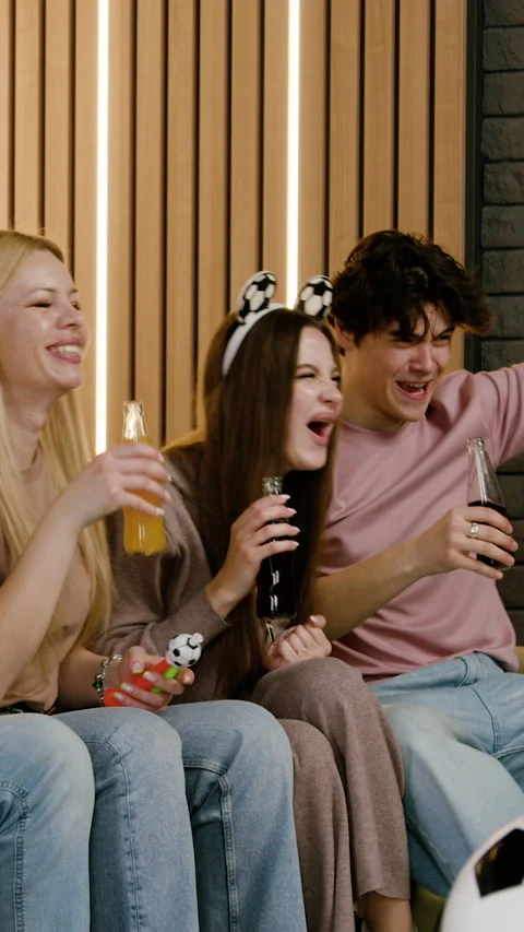 Group of young adults celebrating with drinks, laughing and toasting together on Stock Footage 332015529