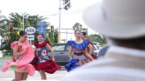 Group of Young Adults Dancing Bomba Y Plena on Puertorican Flag Day Event Stock Footage 238017358