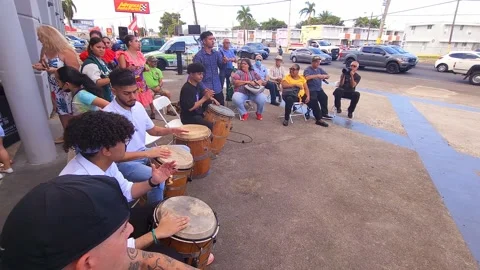 Group of Young Adults Dancing Bomba Y Plena on Puertorican Flag Day Event Stock Footage 238018219