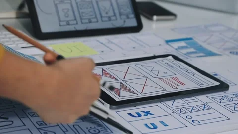 Group of young application developers analyzing uxui mobile app templates d.. Stock Footage 316828024