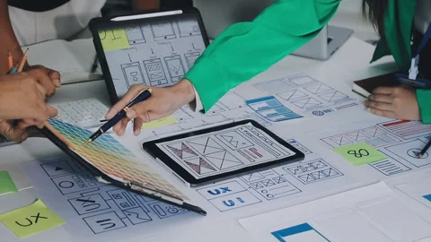 Group of young application developers analyzing uxui mobile app templates d.. Stock Footage 316828036