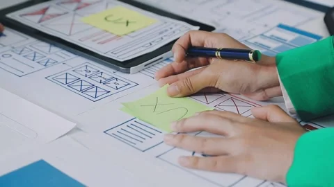 Group of young application developers analyzing uxui mobile app templates d.. Stock Footage 316828048