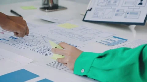 Group of young application developers analyzing uxui mobile app templates d.. Stock Footage 316828059