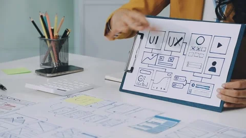 Group of young application developers analyzing uxui mobile app templates d.. Stock Footage 316828060