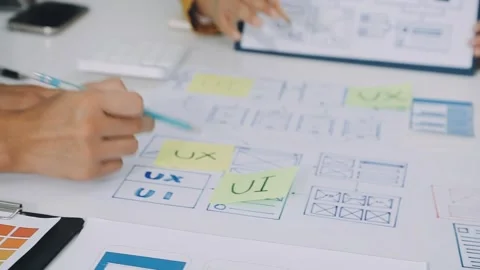 Group of young application developers analyzing uxui mobile app templates d.. Stock Footage 316828063