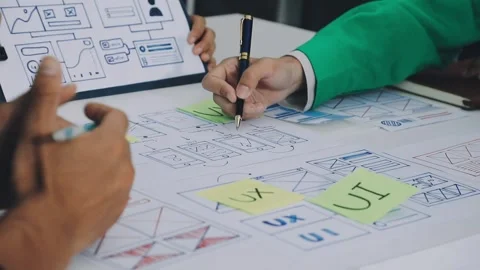 Group of young application developers analyzing uxui mobile app templates d.. Stock Footage 316828068