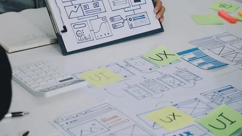 Group of young application developers analyzing uxui mobile app templates d.. Stock Footage 316828069