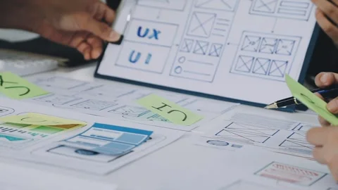 Group of young application developers analyzing uxui mobile app templates d.. Stock Footage 316828093