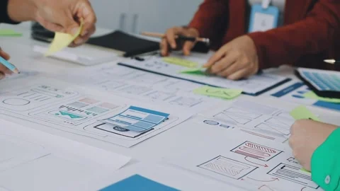 Group of young application developers analyzing uxui mobile app templates d.. Stock Footage 316828103