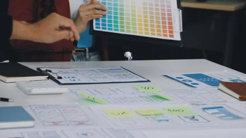 Group of young application developers analyzing uxui mobile app templates d.. Stock Footage 316828125