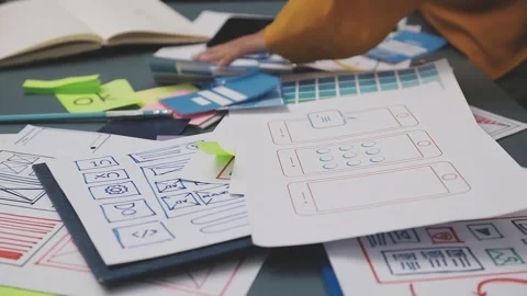 Group of young application developers analyzing uxui mobile app templates d.. Stock Footage 320526400