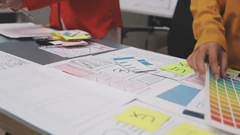 Group of young application developers analyzing uxui mobile app templates d.. Stock Footage 320526436