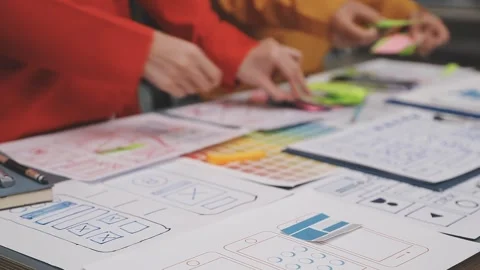 Group of young application developers analyzing uxui mobile app templates d.. Stock Footage 320526455