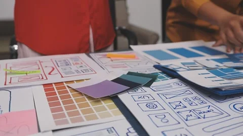 Group of young application developers analyzing uxui mobile app templates d.. Stock Footage 320526504