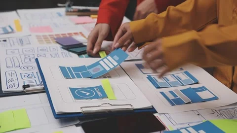 Group of young application developers analyzing uxui mobile app templates d.. Stock Footage 320526542