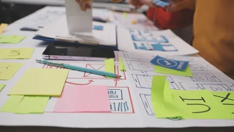 Group of young application developers analyzing uxui mobile app templates d.. Stock Footage 320526547