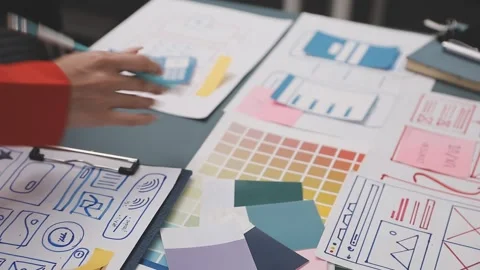Group of young application developers analyzing uxui mobile app templates d.. Stock Footage 320526641