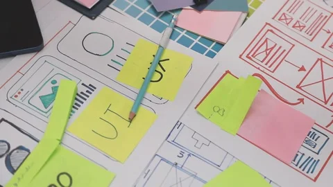 Group of young application developers analyzing uxui mobile app templates d.. Stock Footage 320526670