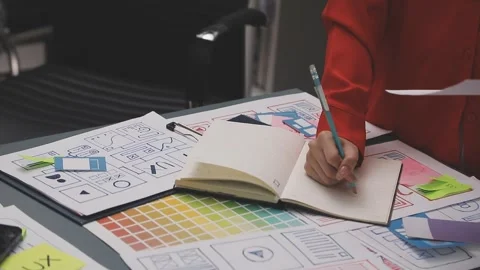 Group of young application developers analyzing uxui mobile app templates d.. Stock Footage 320527020