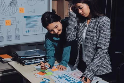 Group of young application developers analyzing uxui mobile app templates d.. Stock Photos