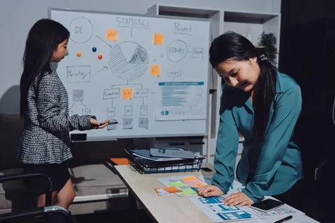 Group of young application developers analyzing uxui mobile app templates d.. Stock Photos