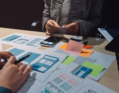 Group of young application developers analyzing uxui mobile app templates d.. Stock Photos