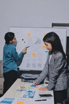 Group of young application developers analyzing uxui mobile app templates d.. Foto stock