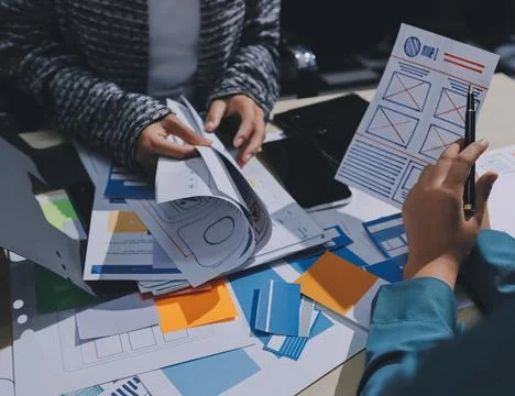 Group of young application developers analyzing uxui mobile app templates d.. Stock Photos