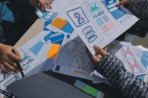 Group of young application developers analyzing uxui mobile app templates d.. Stock Photos