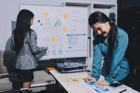 Group of young application developers analyzing uxui mobile app templates d.. Stock Photos