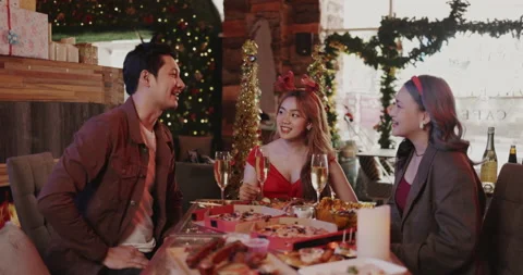 Group young Asian working people having food party to celebrate Happy New Year Stock Footage 160672977