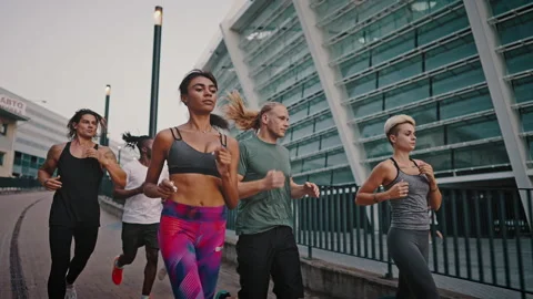 Group of young athletes are jogging before the start of the big marathon. Sports Stock Footage 157926974