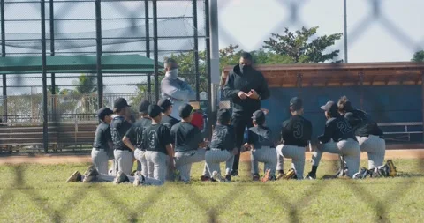 Group of young baseball players getting pep talk from coaches Stock Footage 231948214
