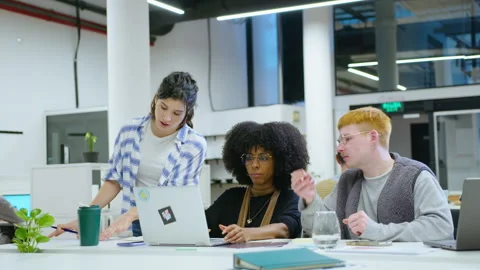 Group of Young Colleagues Working in Team and Using Laptop in the Office Stock Footage 243954992