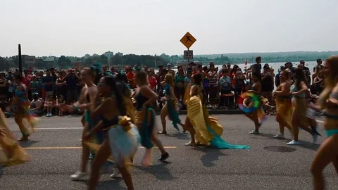 Group of young dancers in blue at pride parade in Vancouver Stock Footage 78555259