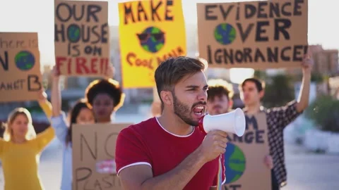Group of young demonstrators on road fight for climate change Stockbeeldmateriaal 137440682