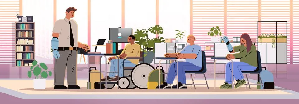 Group of young disabled men and women meeting in inclusive classroom feeling Stock Illustration