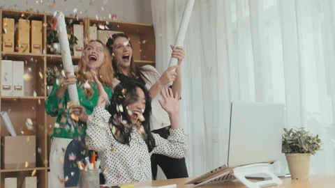 Group of Young Female Managers Celebrating Salary Increase by Workplace Stock Footage 235615948