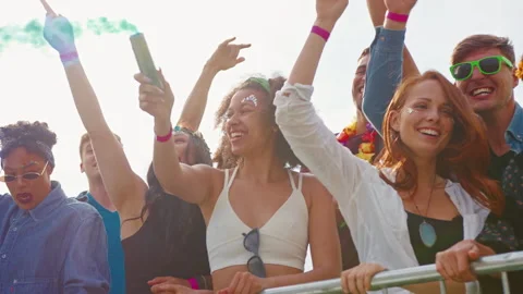 Group Of Young Friends Dancing Behind Barrier At Outdoor Music Festival  Waving Stock Footage 312679790