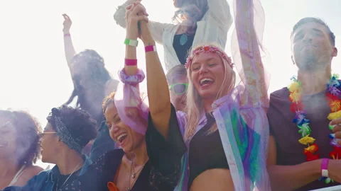 Group Of Young Friends Dancing Behind Barrier At Outdoor Music Festival  With Stock Footage 312681550