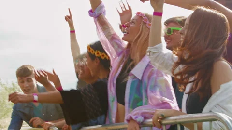 Group Of Young Friends Dancing Behind Barrier At Outdoor Music Festival  Waving Stock Footage 312695606